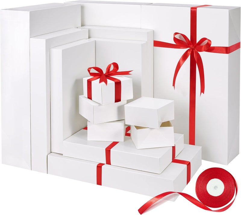 Bobobag 13 Pack White Gift Boxes with Lids for Presents, Assorted size Gift Boxes for Christmas ( 3 Extra large 17",3 Large 14.25",3 Medium 11",4 Small 4" ,Red Ribbon ), 4 inch Deep Box for Wrapping Robe Scarf Mug. - Image 1
